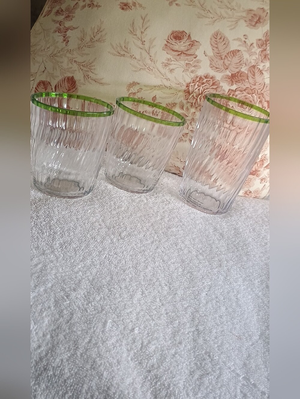 Clear Ribbed Drinking Glasses with Green Rim - Set of 3